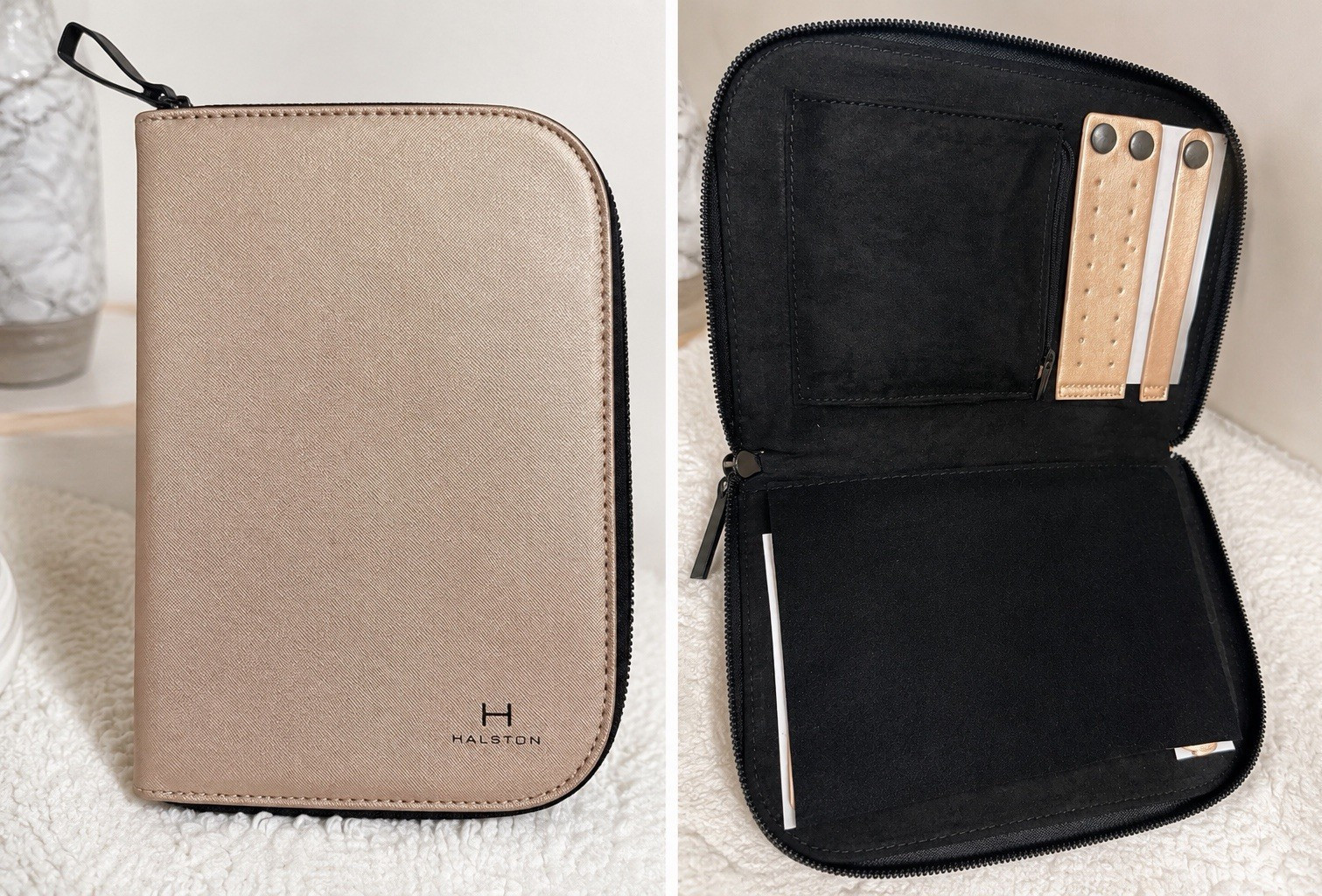 Halston Beige Zip-Around Makeup Bag Organizer Case w/ Black Interior Slots