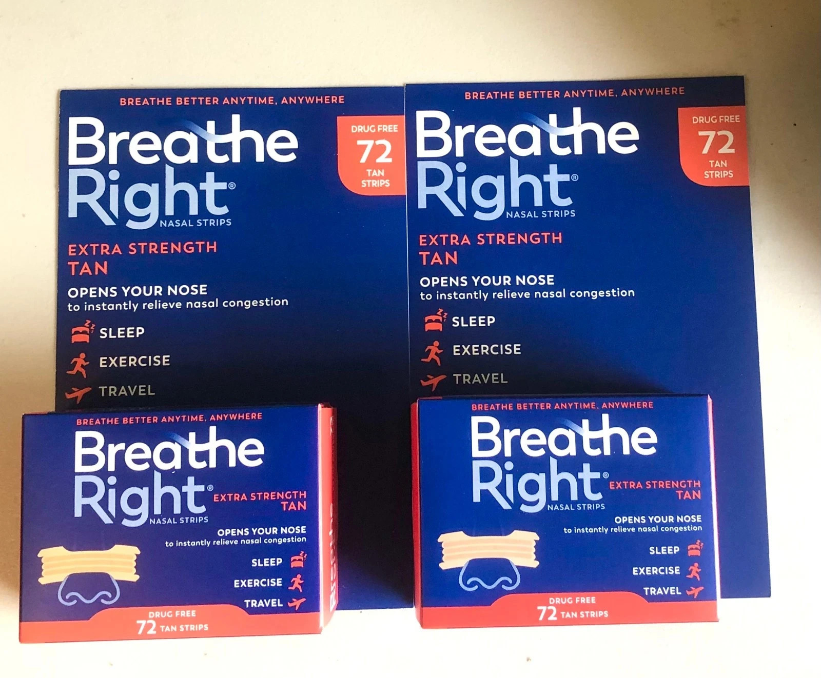 2 Pack – Breathe Right Extra Strength Nasal Strips, 72 Strips each – Tan