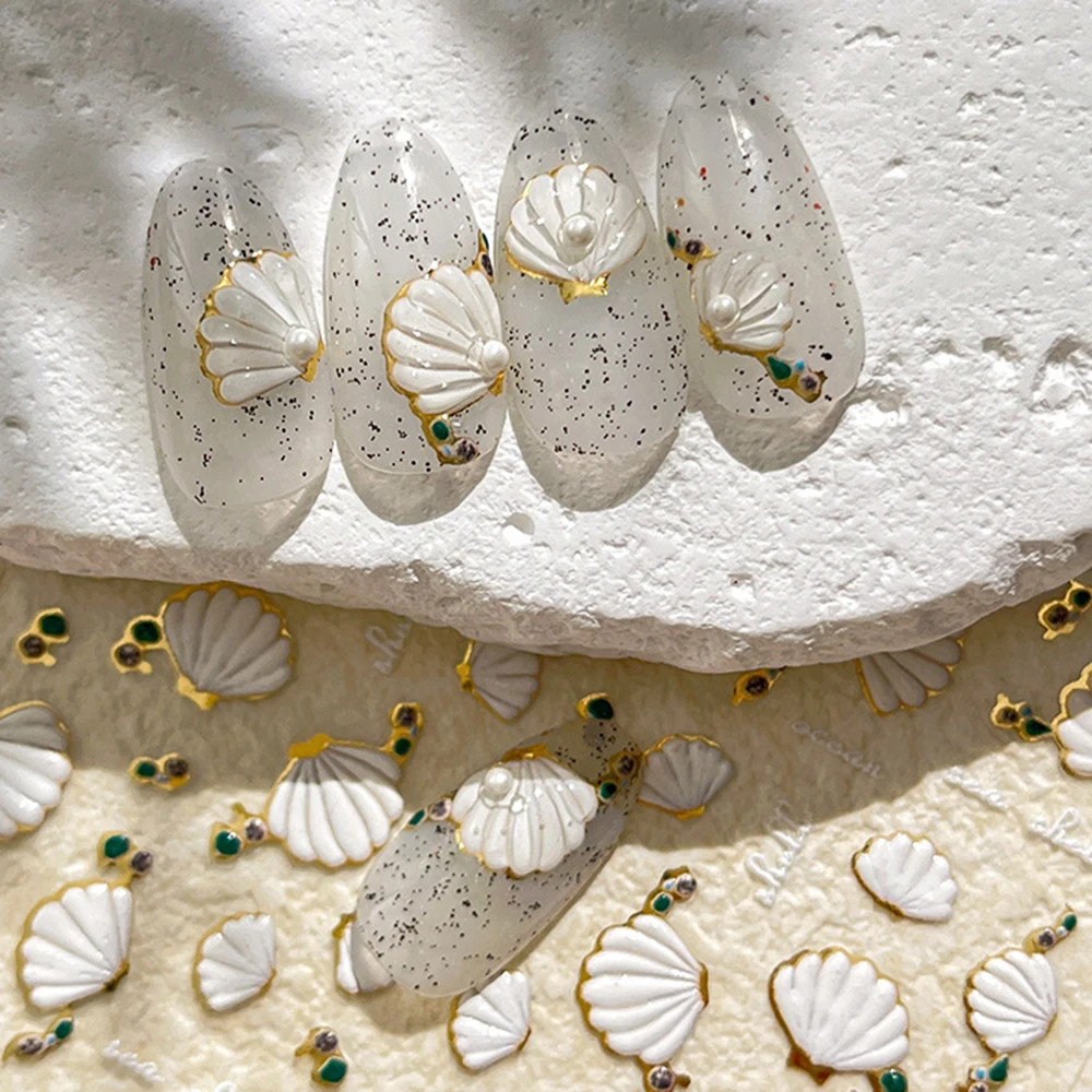 1Pcs 5D Embossed White Seashell Nail Stickers Gold Border Scallop Self Adhesive