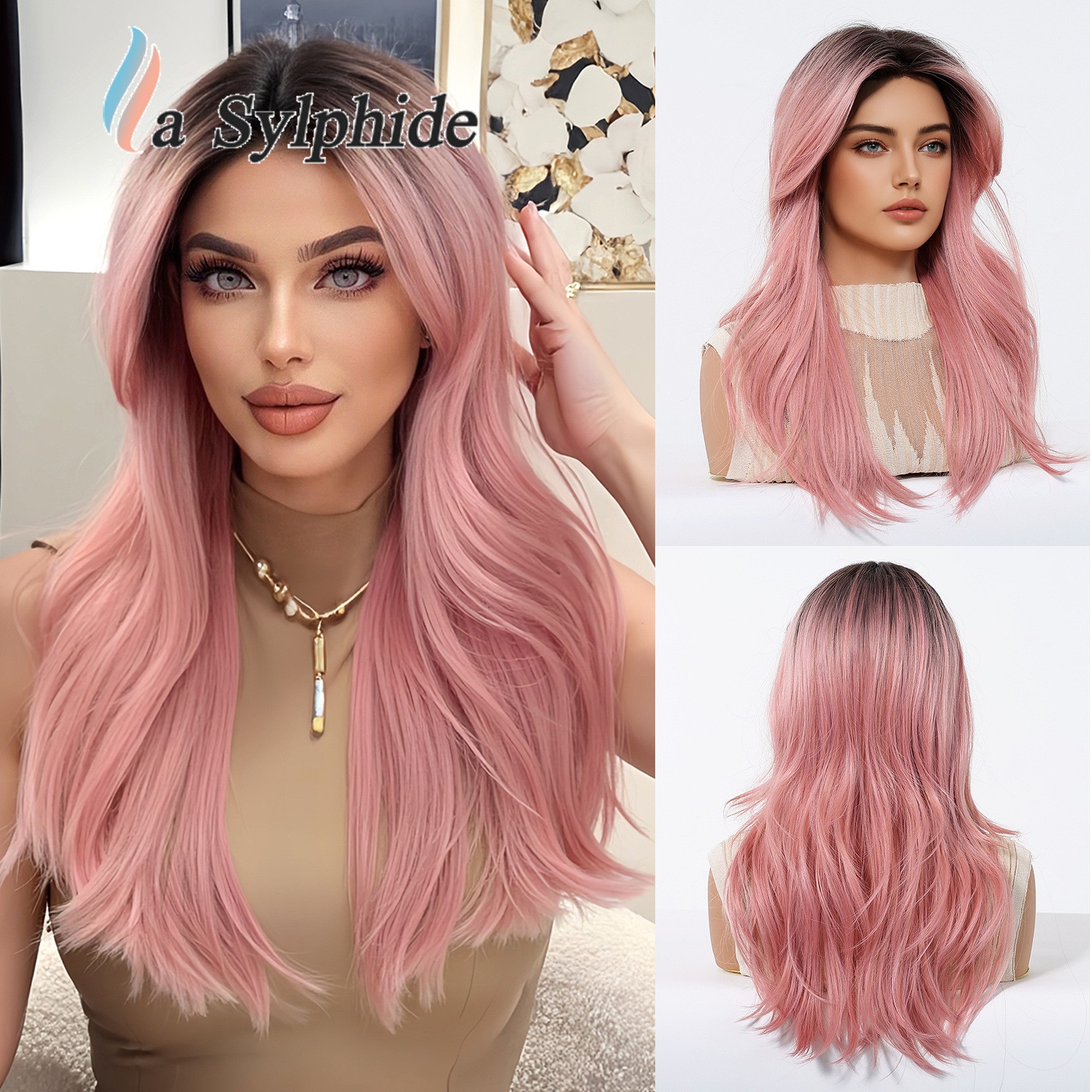 Brown to Golden Ombre Long Curly Wig With Side Bangs Rose Net Synthetic Full Wig