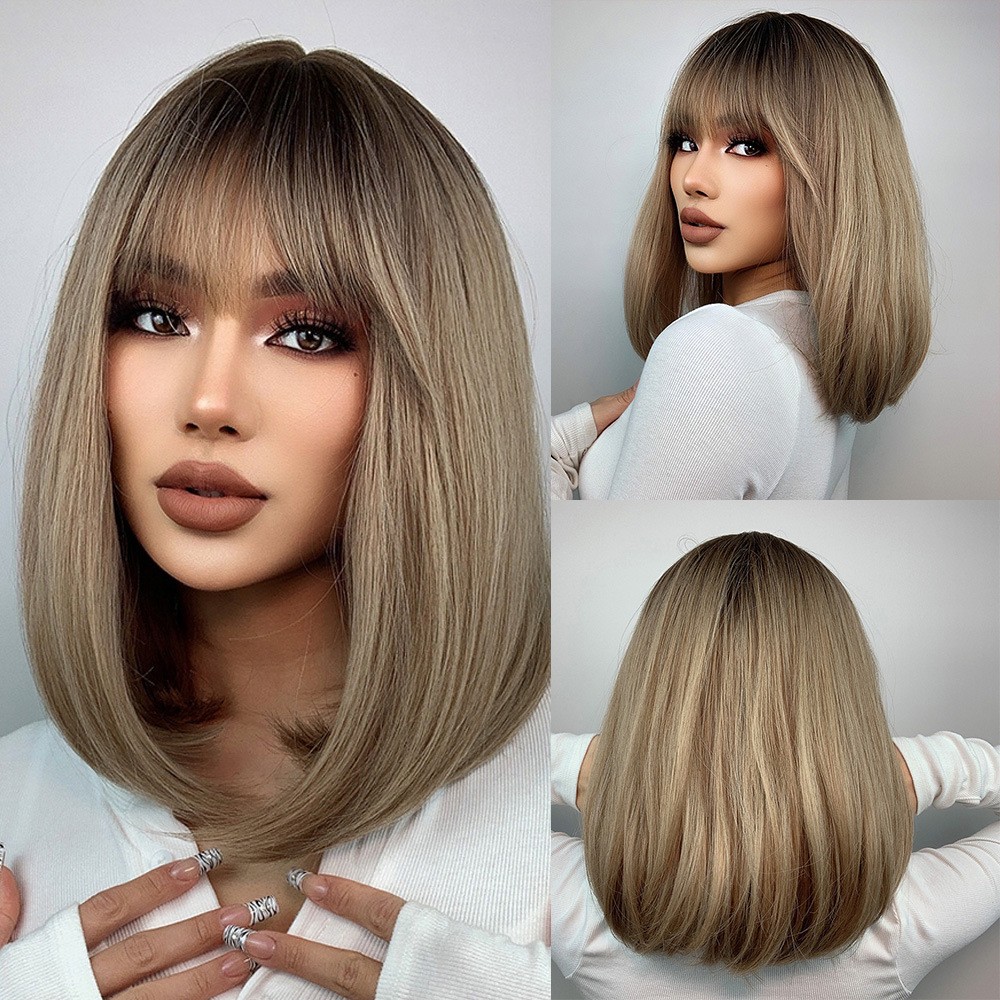 European Style Ombre Brown Medium Long Straight Wig with Bangs Heat Resistant