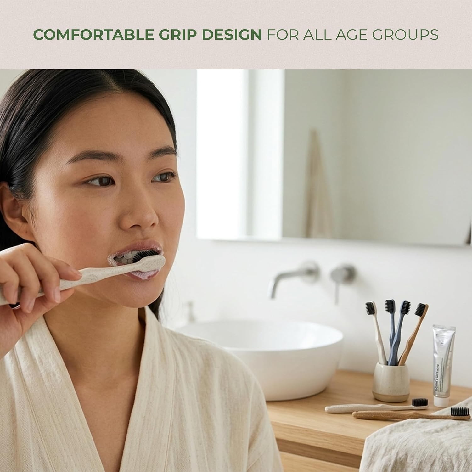 Wide Head Toothbrush Set with Cedarwood Wooden Handle & Soft Charcoal Bristles –