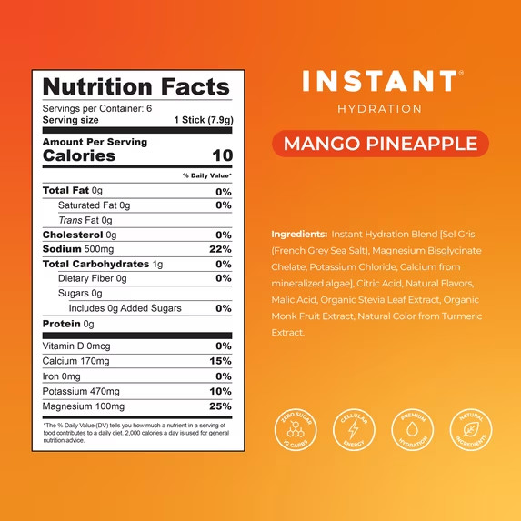 Instant Hydration Sugar Free Electrolyte Powder, Mango Pineapple, 6 Sticks