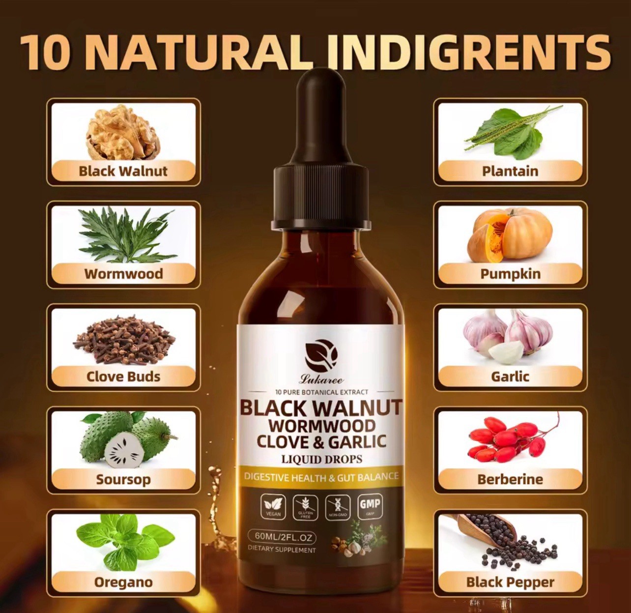 Lukaree Black Walnut Wormwood Clove Garlic Liquid Drops Detox 60 mL