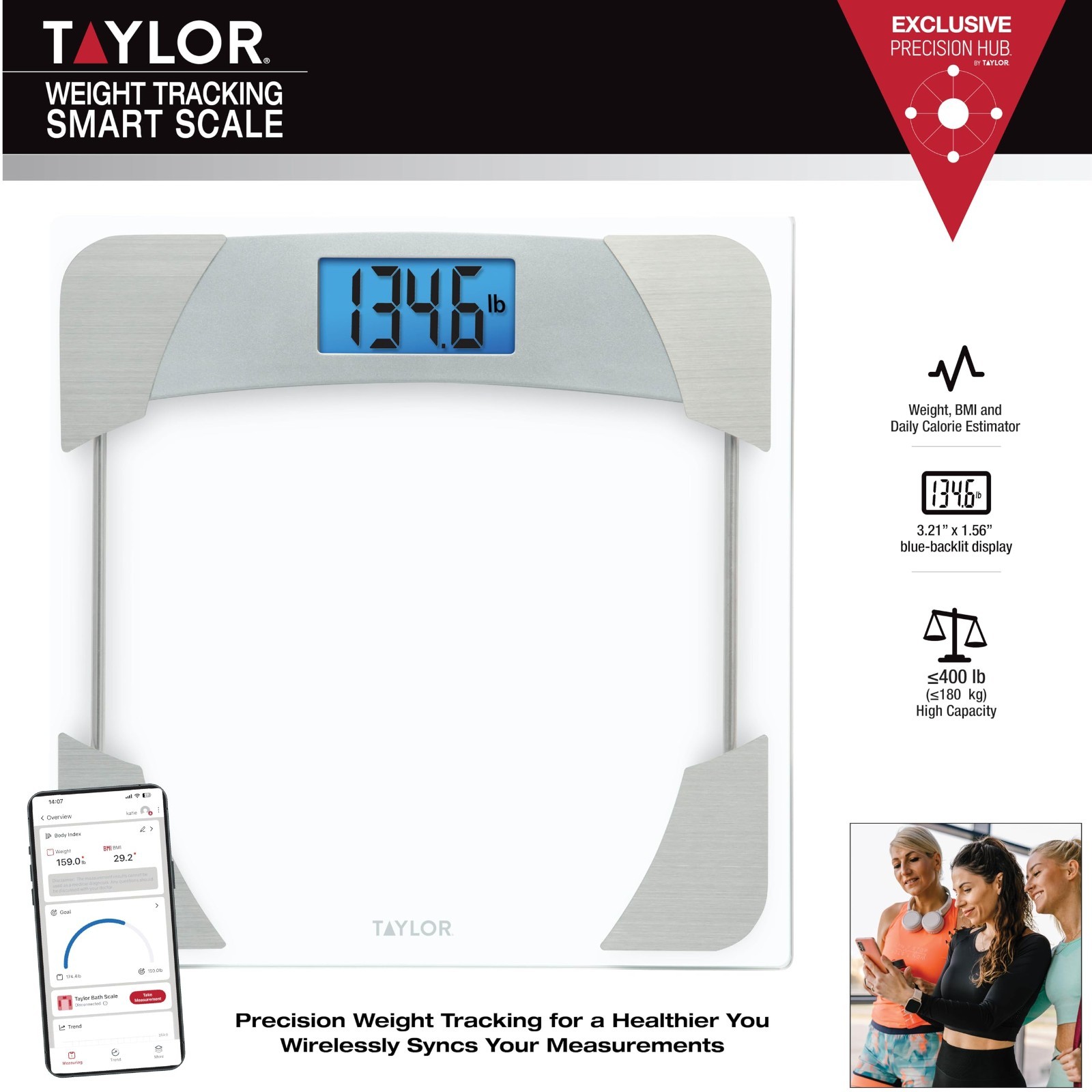 Digital Body Weight Scale, 400 LB Capacity, Blue LCD, Glass Platform, Stainless
