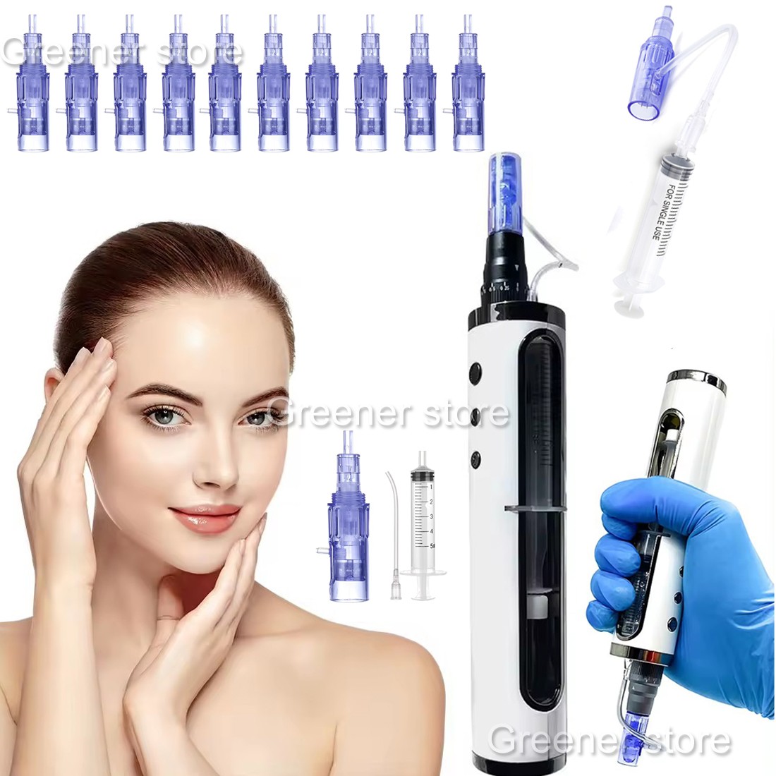 Micro Pen Mesotherapy & 10Pcs 3D Pin Replacement Needle Cartridges Tip Face Care