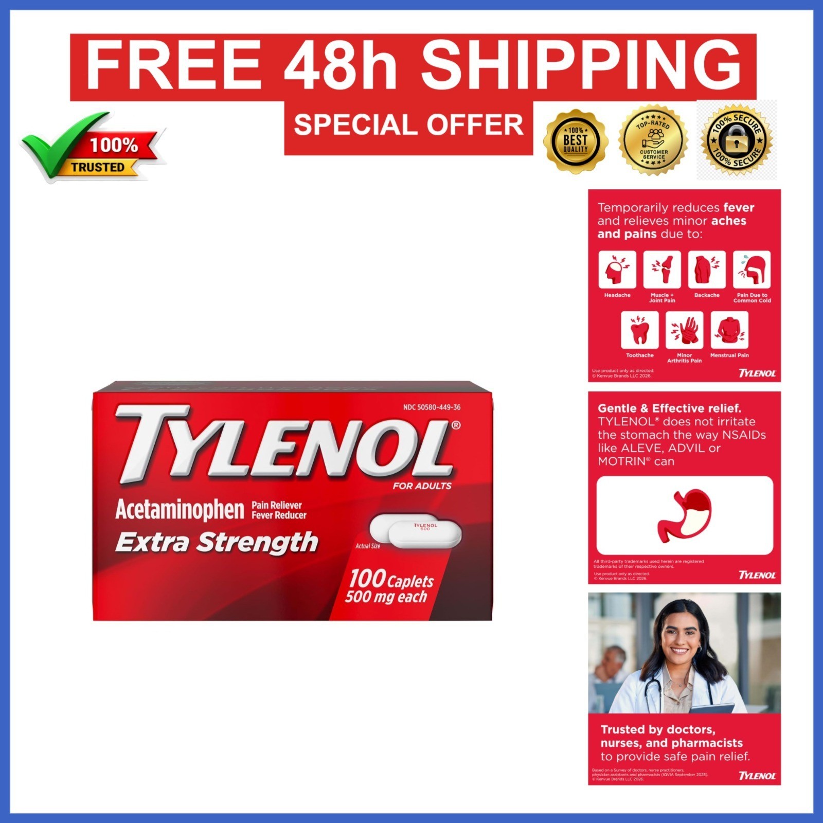 Tylenol Extra Strength Caplets 500mg Pain Relief Pills 100 Count