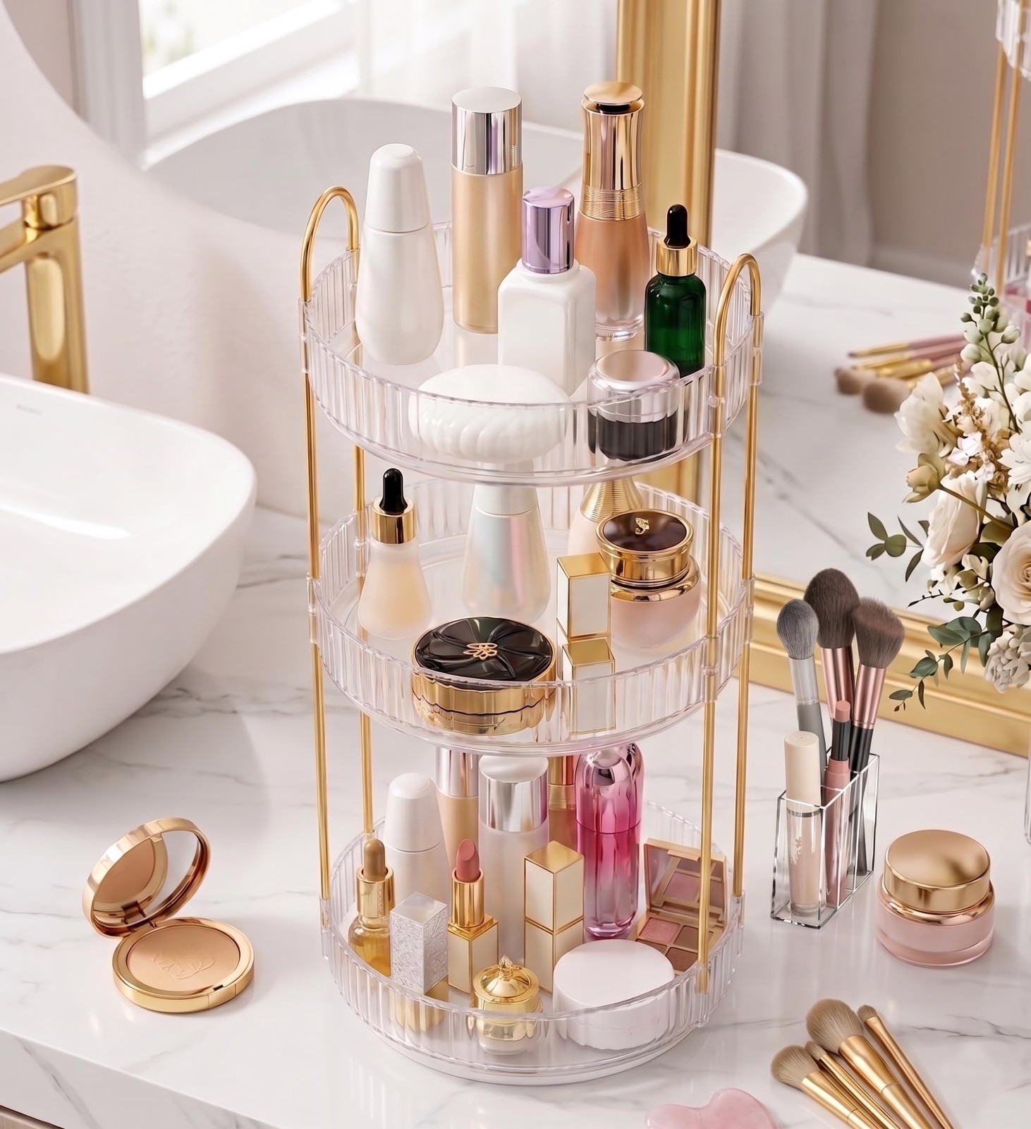 Crystal Three-Layer 360° Rotating Cosmetic Stand, Premium Solid Metal Pole St…