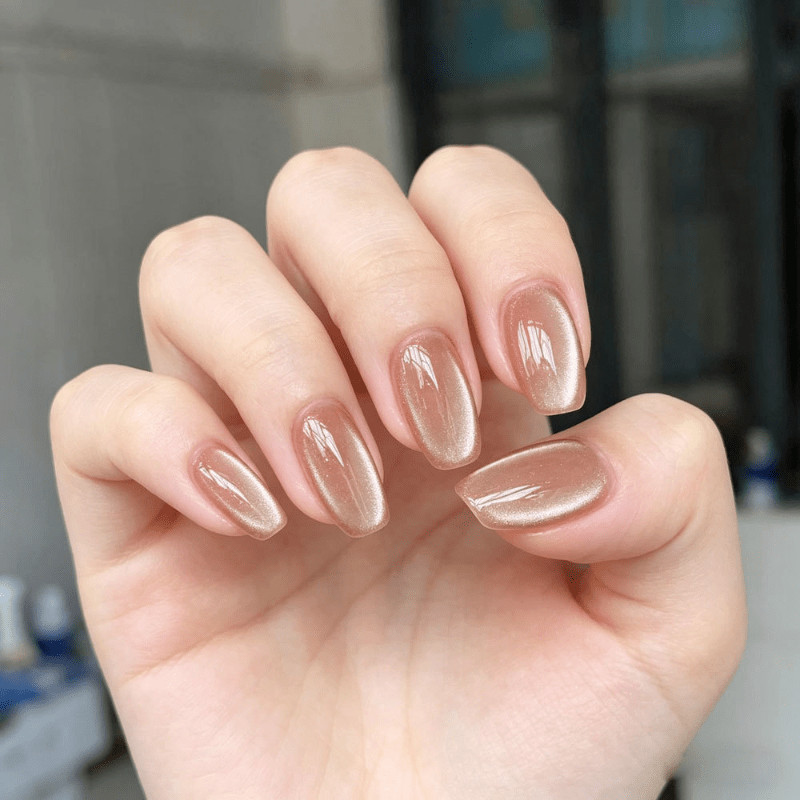 48Pcs-Medium Almond Press on Nails Nude Champagne Cat Eye Glossy Daily Fake Nail