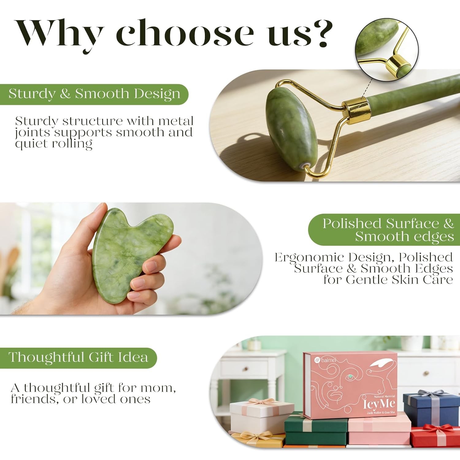 BAIMEI IcyMe Gua Sha & Jade Roller Facial Tools Face Roller and Gua Sha Set for