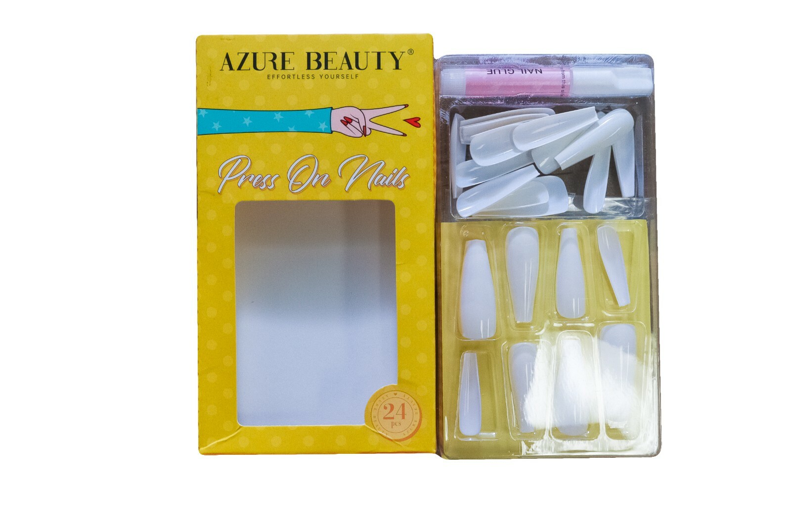 Azure Beauty 24 Piece Adhesive ABS Plastic Press On White Long Coffin Nails
