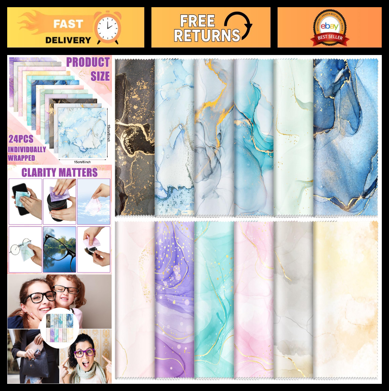 24 Pcs Microfiber Eyeglasses Cleaning Cloths – Soft Reusable Lens & Screen Wipes