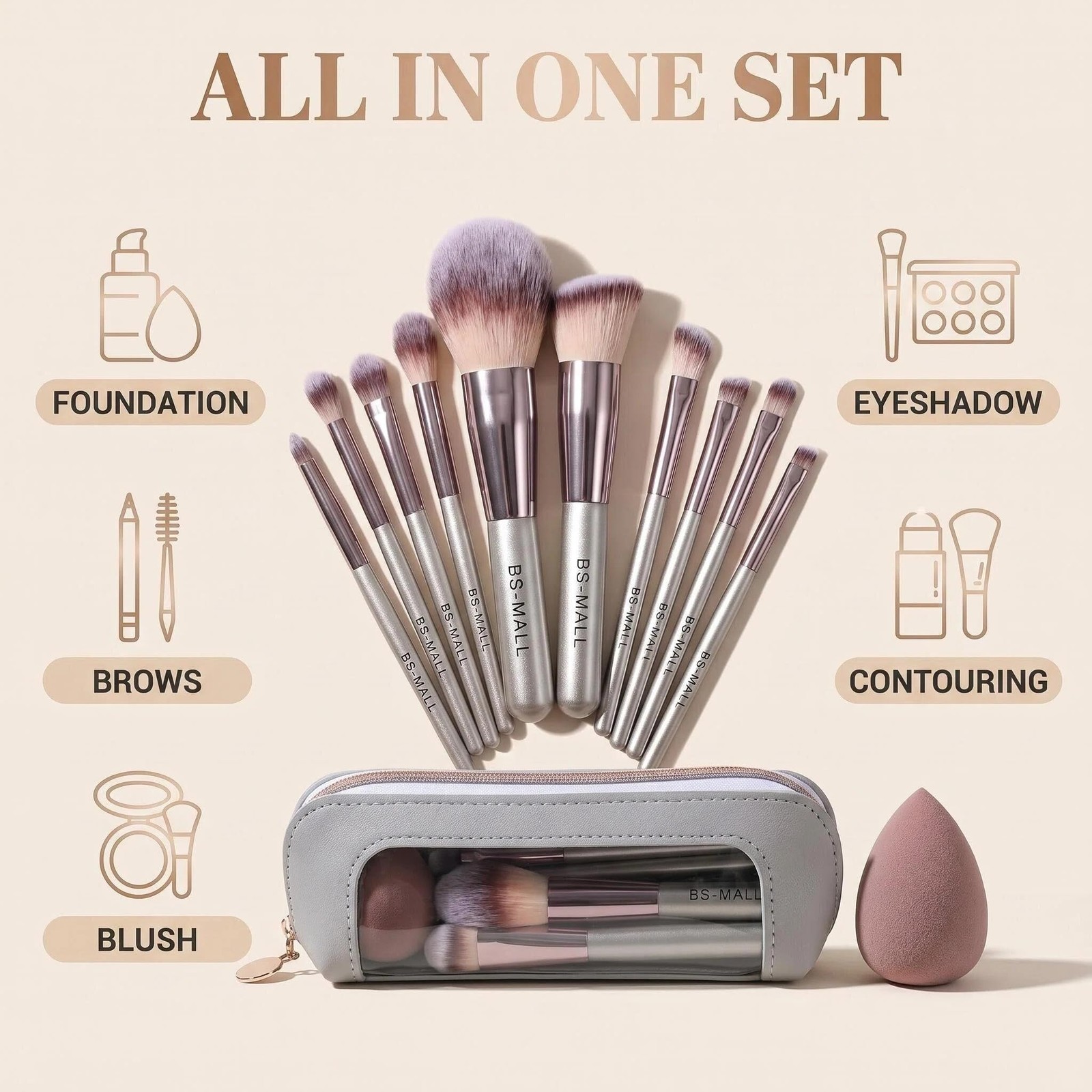 Travel Makeup Brush Set BS-MALL14 PCS Professional Brushes Champagne