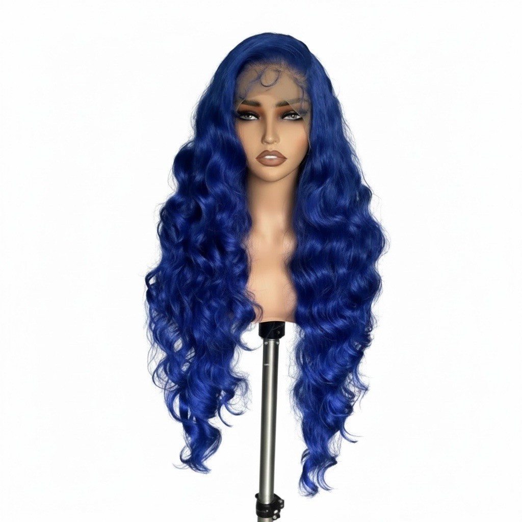 Women Curly Wig. Synthetic Frontal. 32 Inches Futura Blue Glue-less