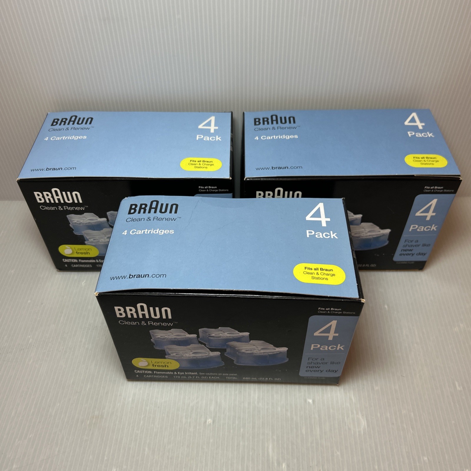 3 Genuine Braun Shaving Station Clean & Renew Refill Cartridges 4 Pk Lemon-Fresh