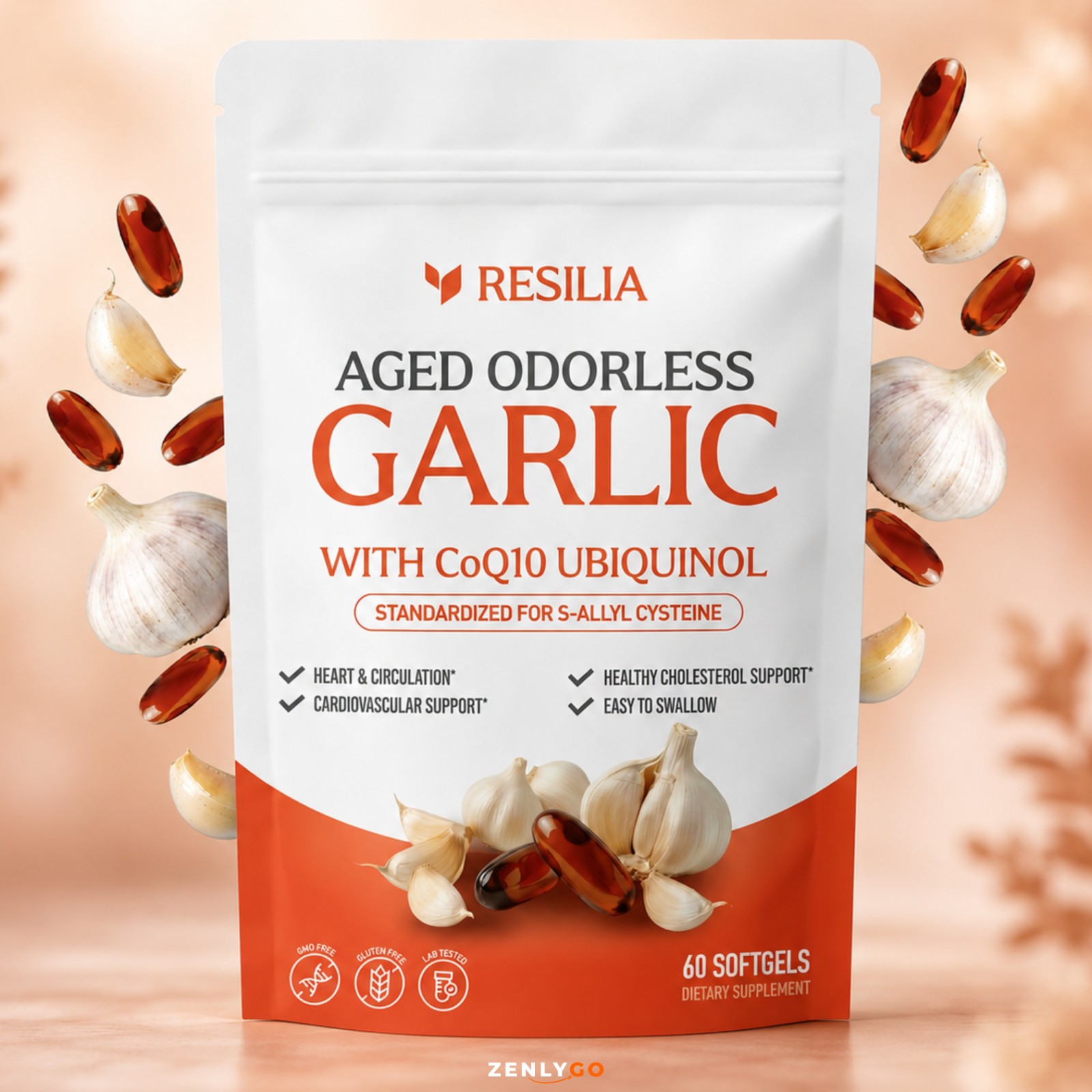 Resilia Garlic Extract 1200mg Softgels (60 Count) Odorless Aged Garlic Extra US