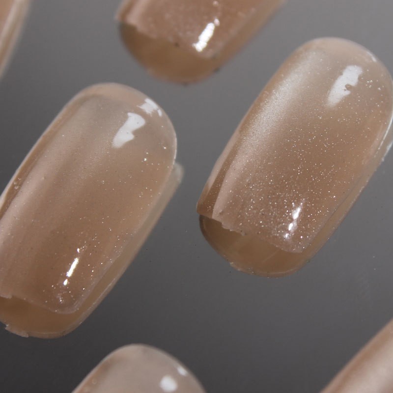 48Pcs-Medium Almond Press on Nails Nude Champagne Cat Eye Glossy Daily Fake Nail