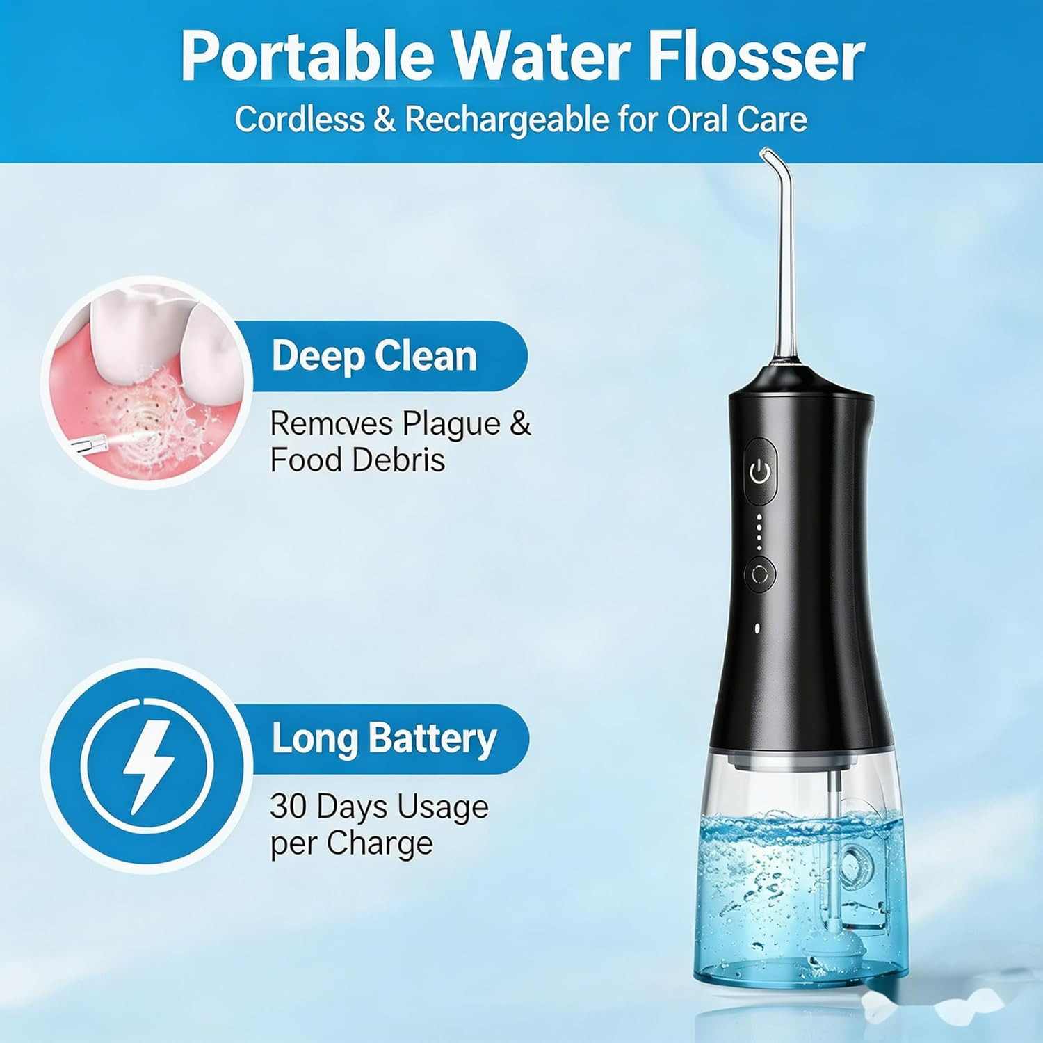 Cordless Water Flosser, 4 Modes Portable Oral Irrigator, 300ML Detachable Water