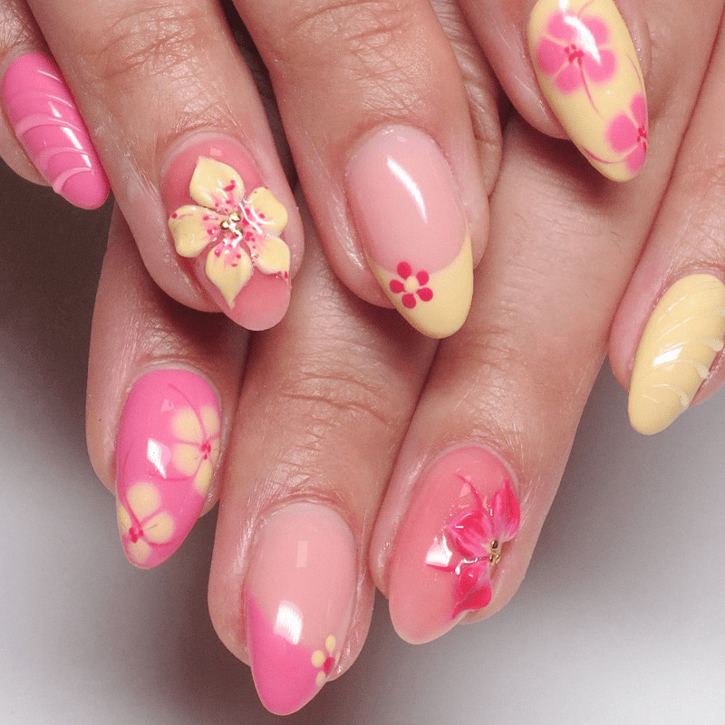 48pcs Almond Press on Nails, Pink Yellow 3D Flower Hand Paint Summer Nails