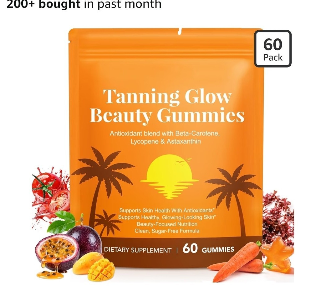 Tanning Glow Beauty Gummies Skin Health Sugar-Free 60ct Beta-Carotene Blend