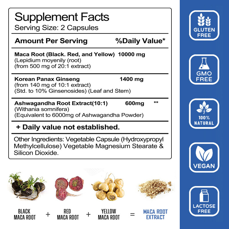 Organic Maca Root 240 Capsules 10000mg, Peruvian Maca Extract for Men & Women