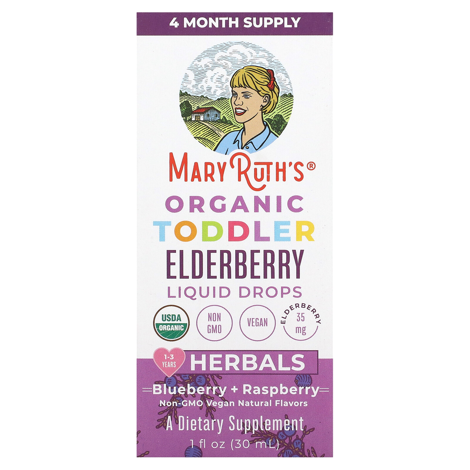 Organic Toddler Elderberry Liquid Drops, Blueberry + Raspberry, 1 fl oz (30 ml)
