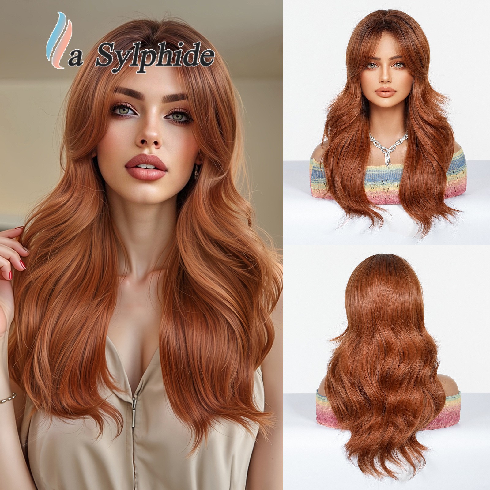 Brown to Golden Ombre Long Curly Wig With Side Bangs Rose Net Synthetic Full Wig