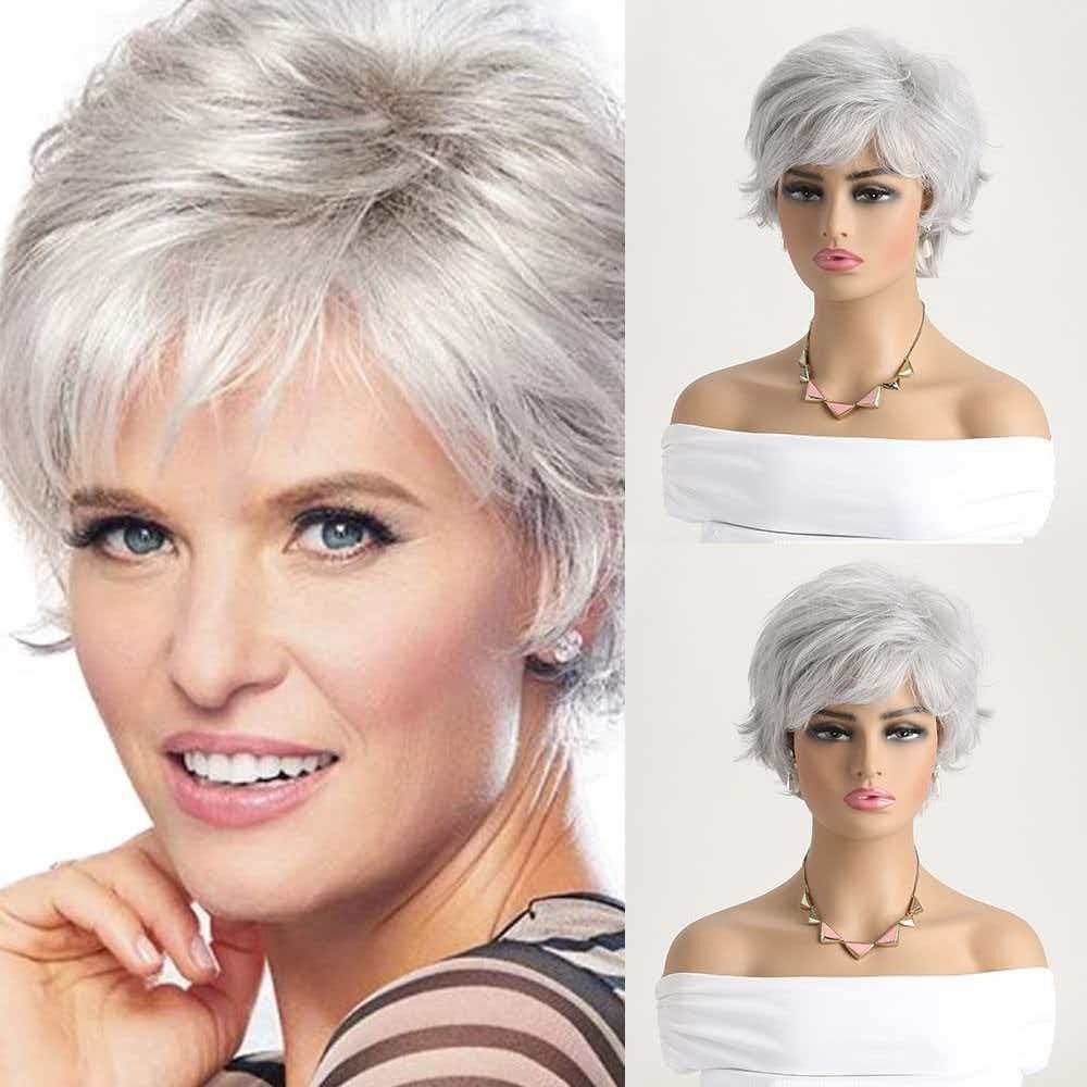 Silver Gray Wig for Women Ombre Natural Short Cosplay Full Wig Heat Resistant