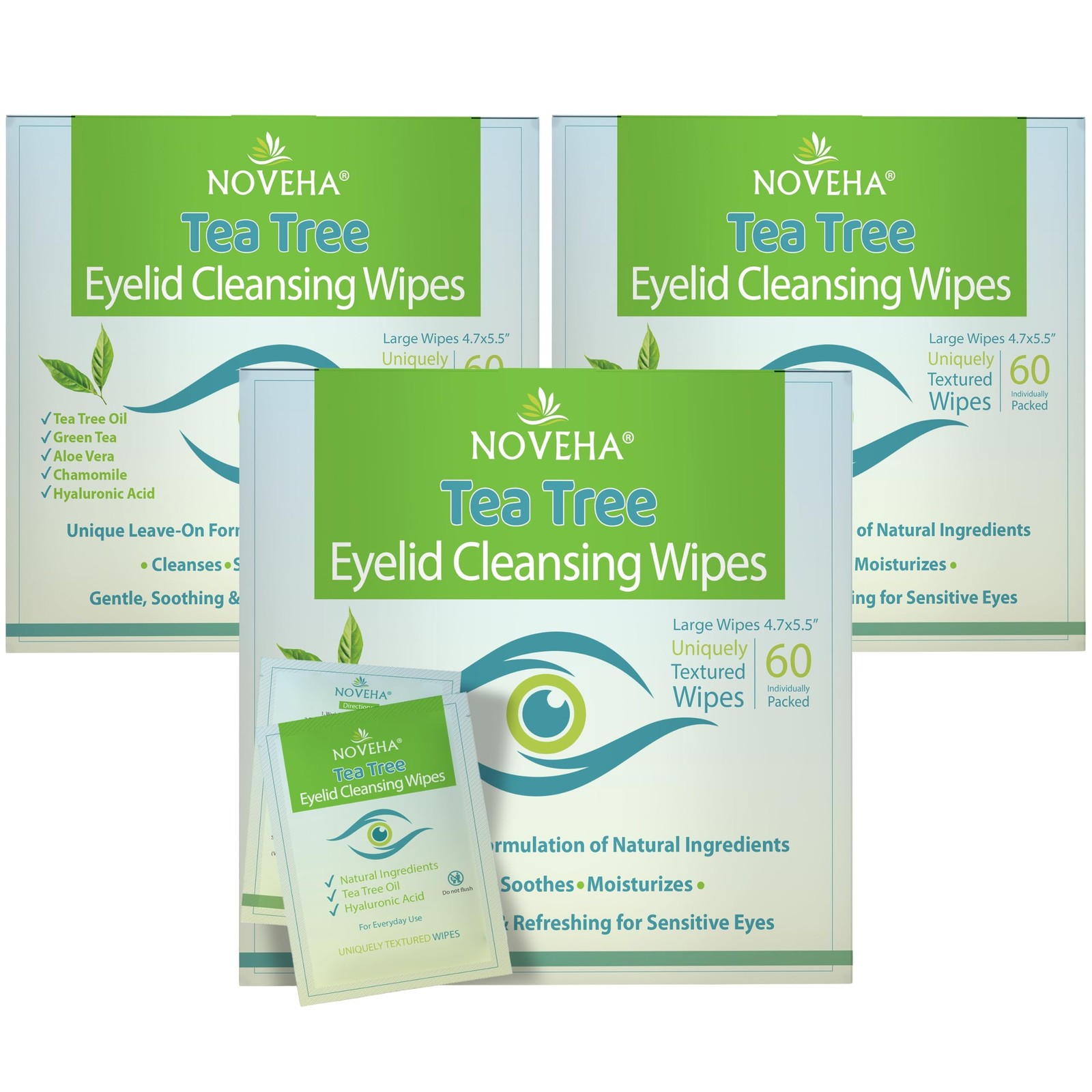 Eyelid Wipes Tea Tree Oil 180Pcs Hyaluronic Acid Green Chamomile NOVEHA Lash