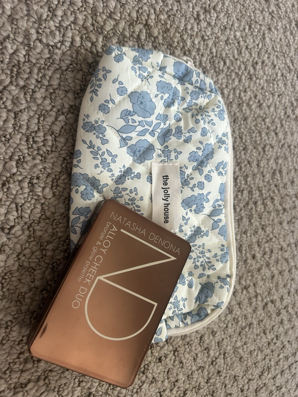 Jolly House Blue/White Floral Quilted Makeup Bag with Bronzer & Glow Palette