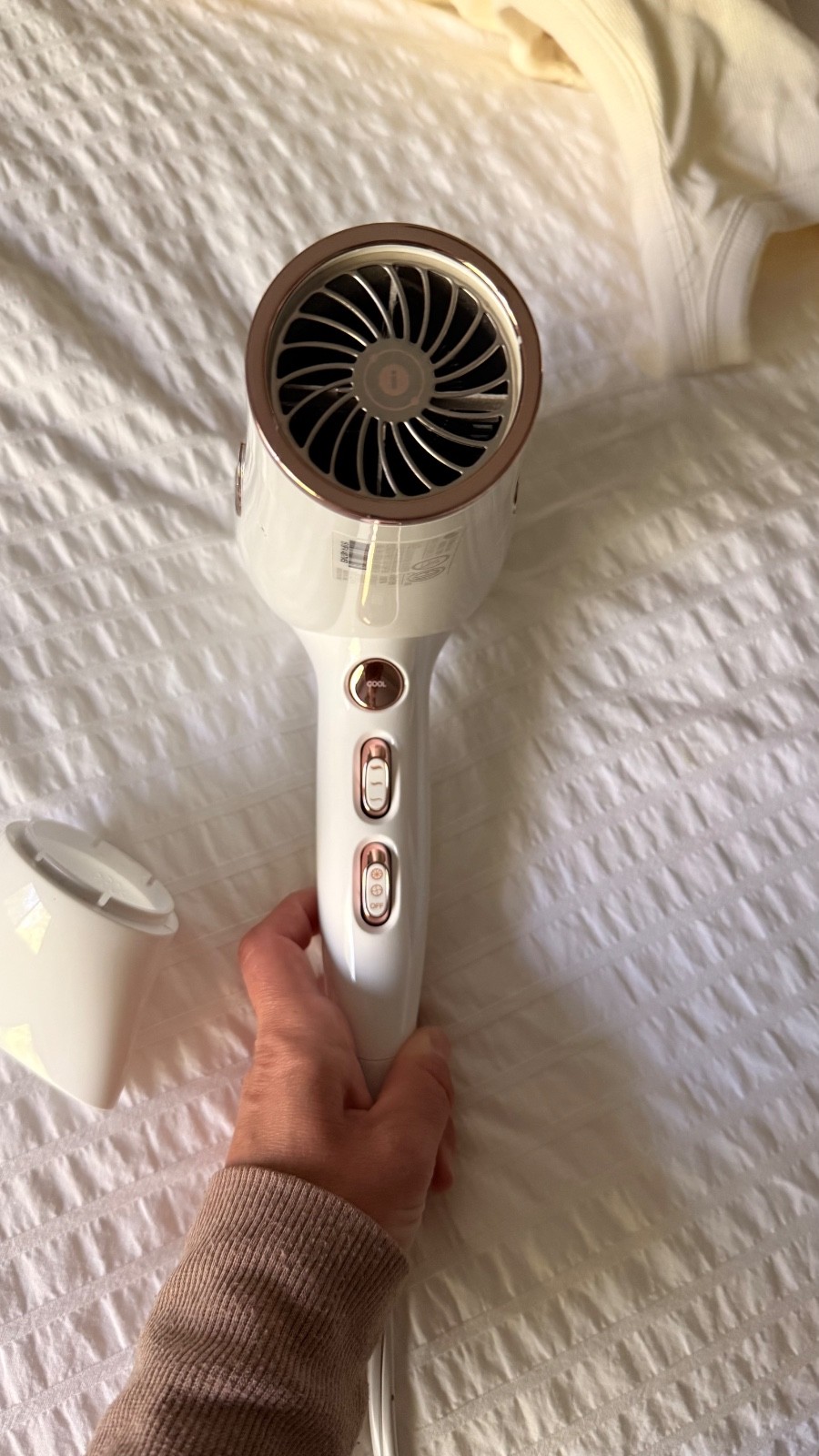T3 White/Rose Gold Electric Hair Dryer with Concentrator Nozzle Attachment