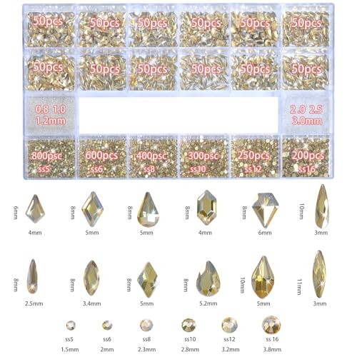 Nail Rhinestones – 3D Multiple Shape Size Gems, Champagne Gold, Manicure