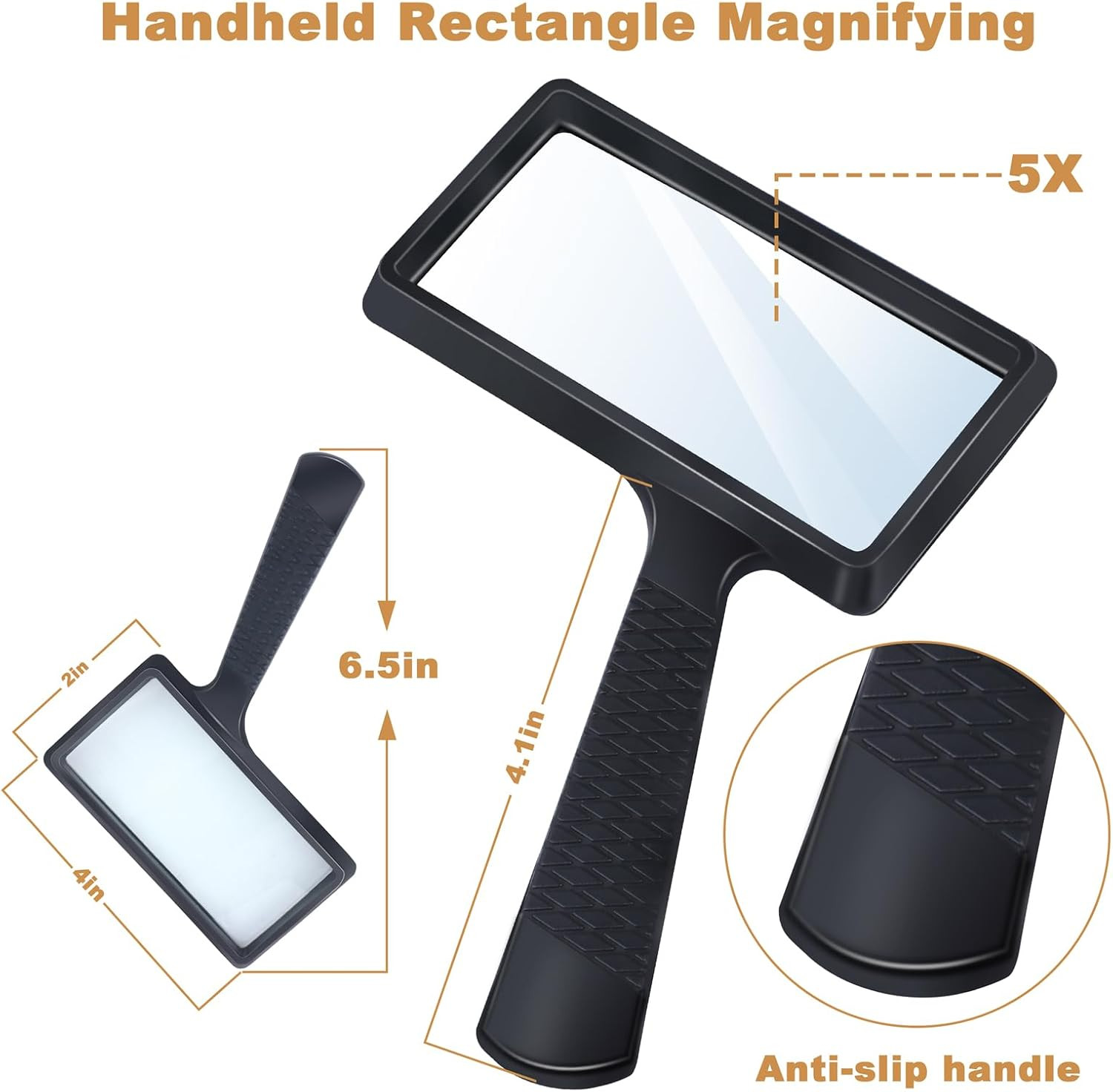 5X Rectangle Reading Magnifier, Large Handheld Magnifying Glass Scratch Resistan