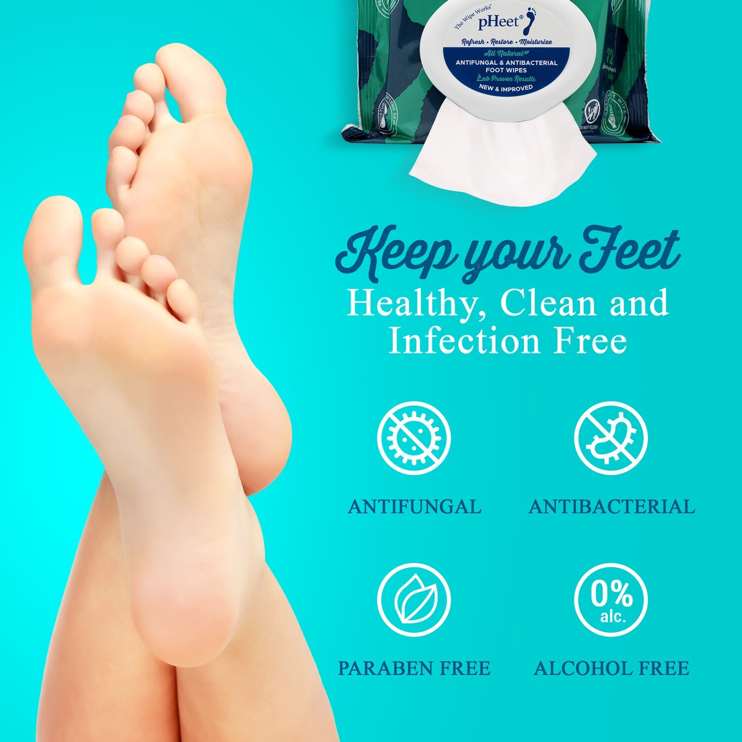 pHeet Wipes, Antifungal, Odor Reducer, Dry Feet Moisturizing Wipes, Foot Cleaner