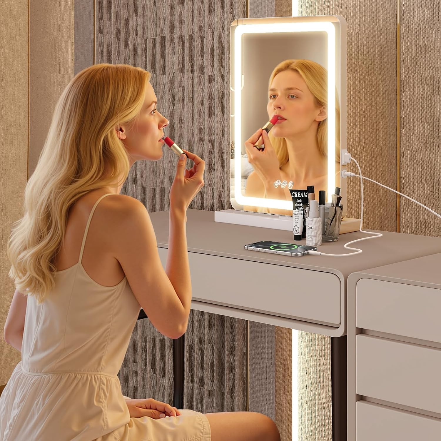 LED Vanity Mirror w/ USB Charging,Dimmable 3 Color Lights,w/ Smart Touch Control