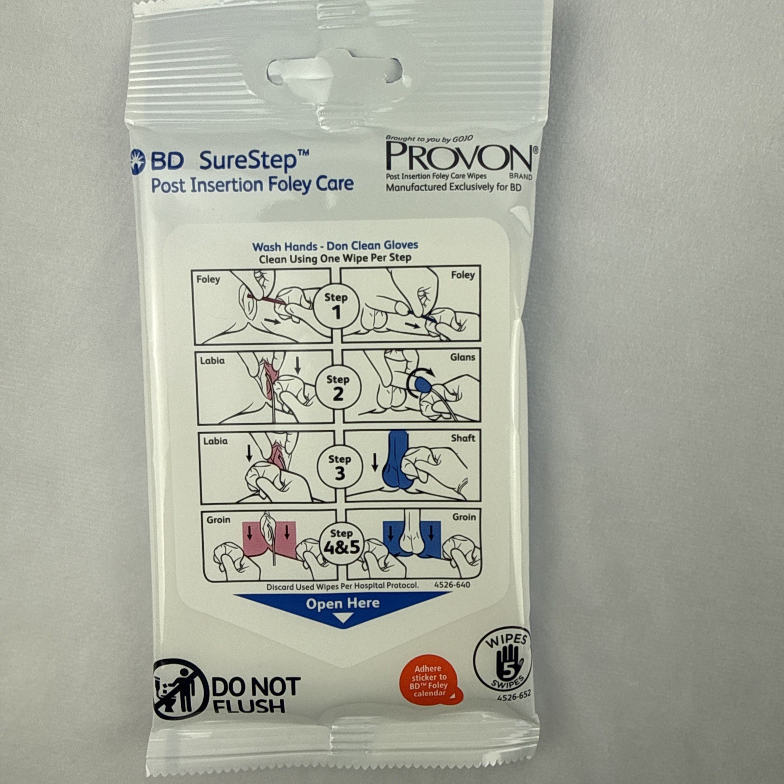 GOJO PROVON BD SureStep Post Insertion Foley Care Wipes DFC100, 10 Packs of 5 ea