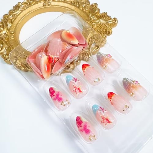 30Pcs Summer Beach Press on Nails Short Almond Fake Nails with 3D Colorful-14