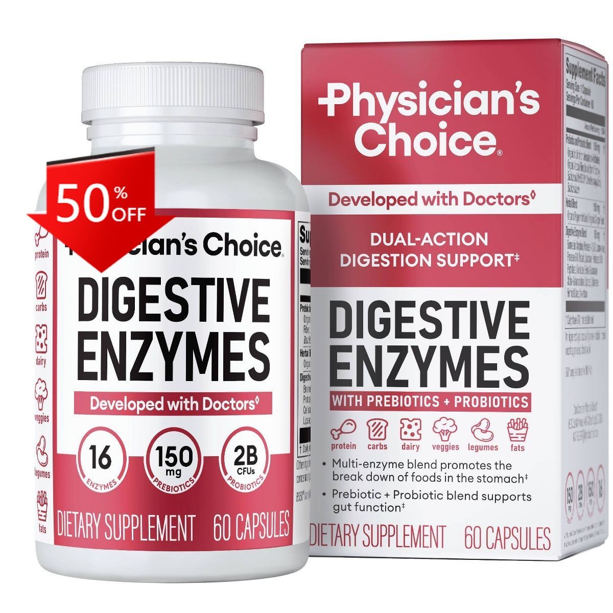 Physician’s Choice Digestive Enzyme Probiotic Capsules – 60ct: 2 Billion CFUs