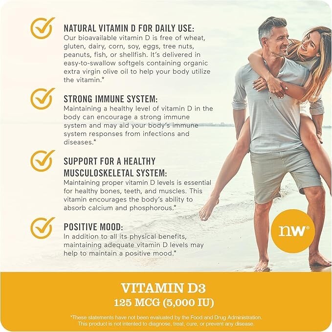 Vit D3 5000Iu (125 Mcg) 1 Year Supply for Healthy Muscle Function, and Immune Su