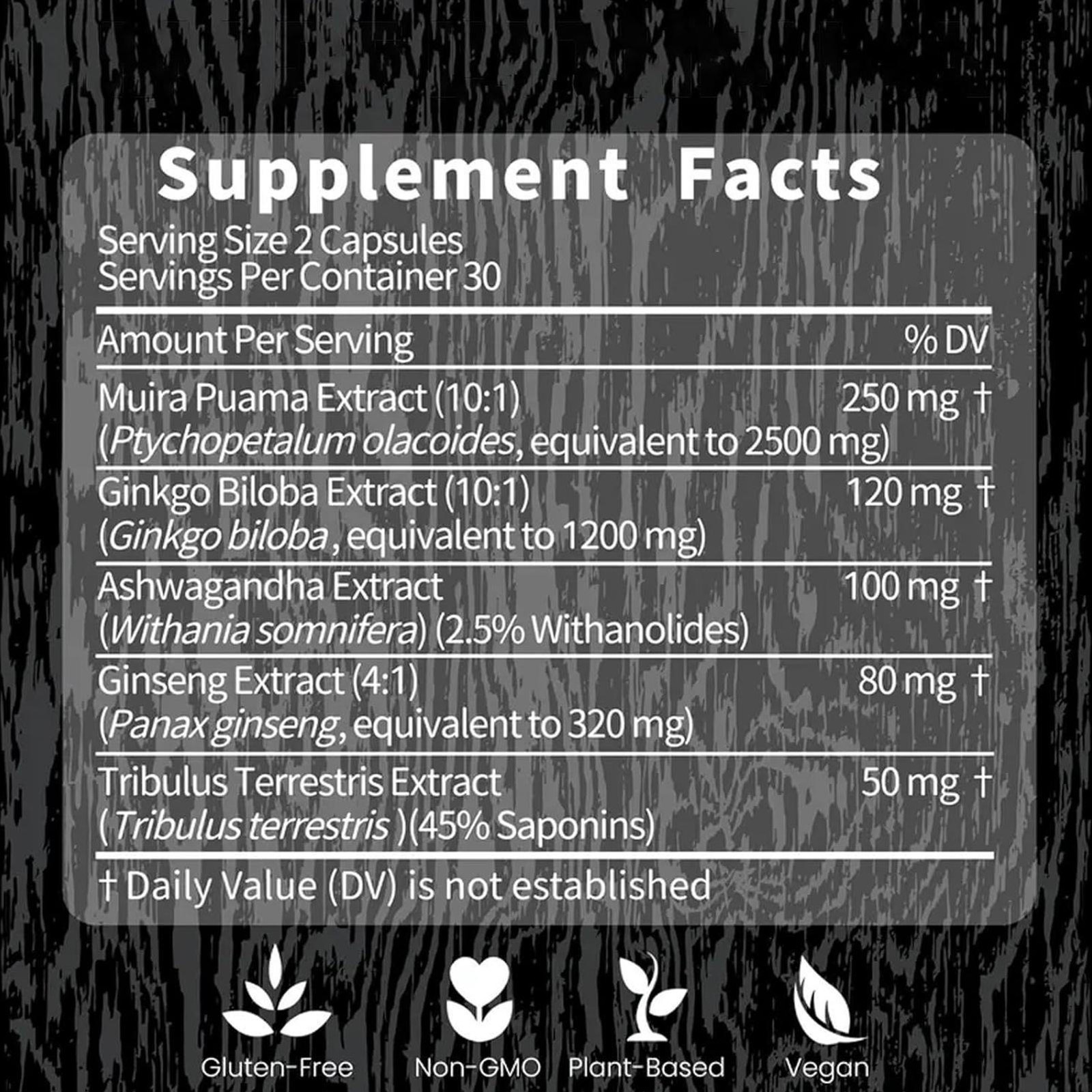 Potency Wood Dietary Supplement Muira Puama Ginko Biloba Ginseng 60 Capsules