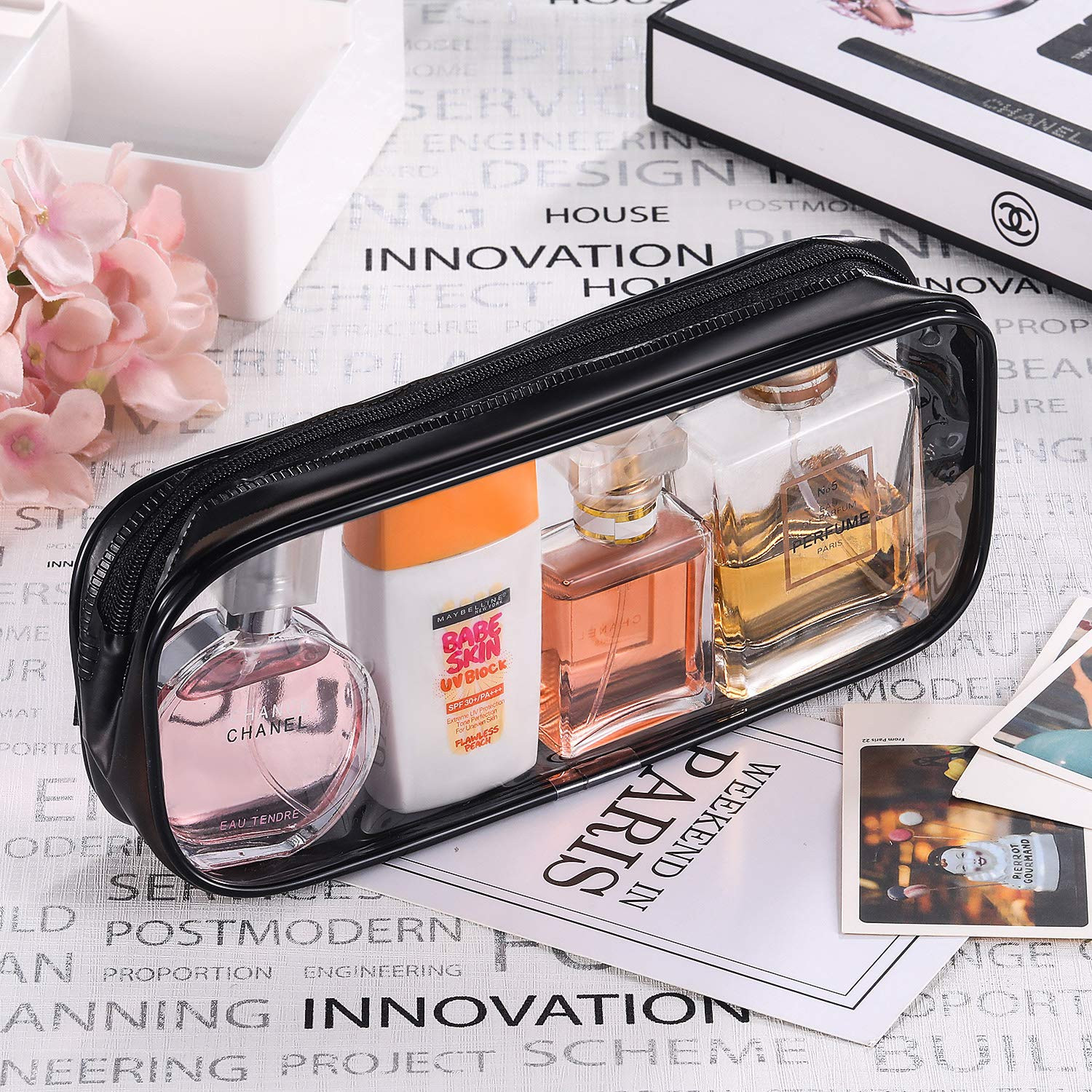 4 Pcs Clear PVC Pencil Pouch Zipper Cosmetic Makeup Bag Travel Storage Black
