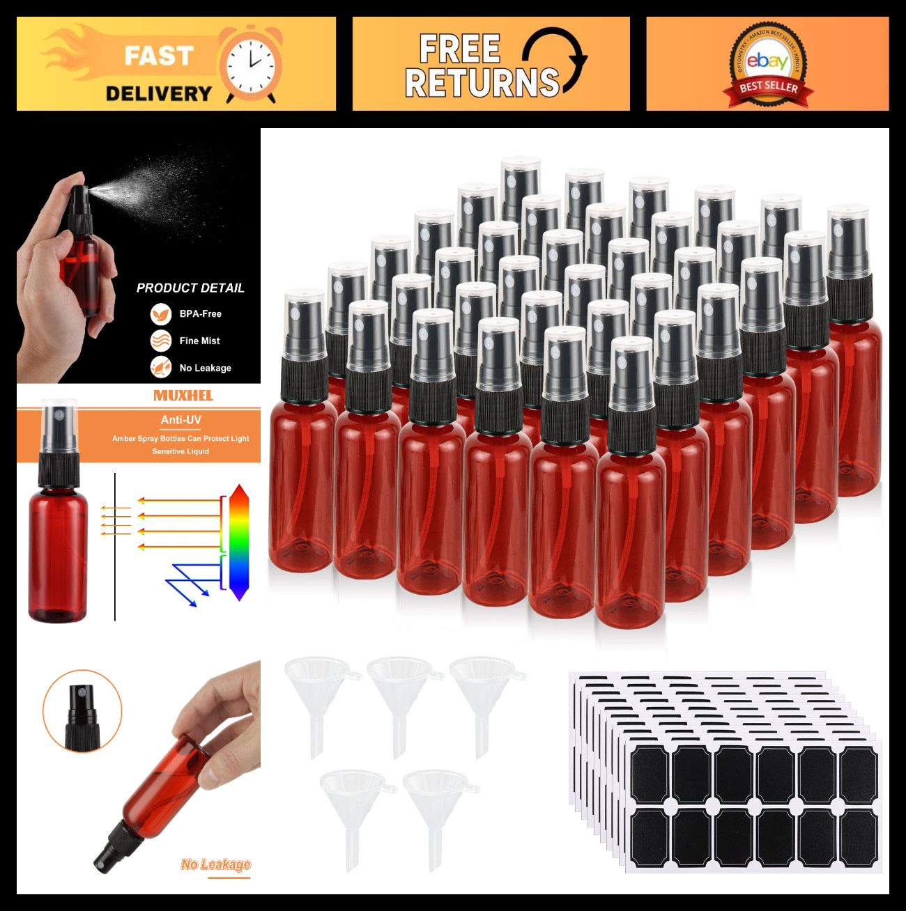60 Pcs 1 oz Amber Spray Bottles – Fine Mist, Refillable, Anti-UV, Travel Size