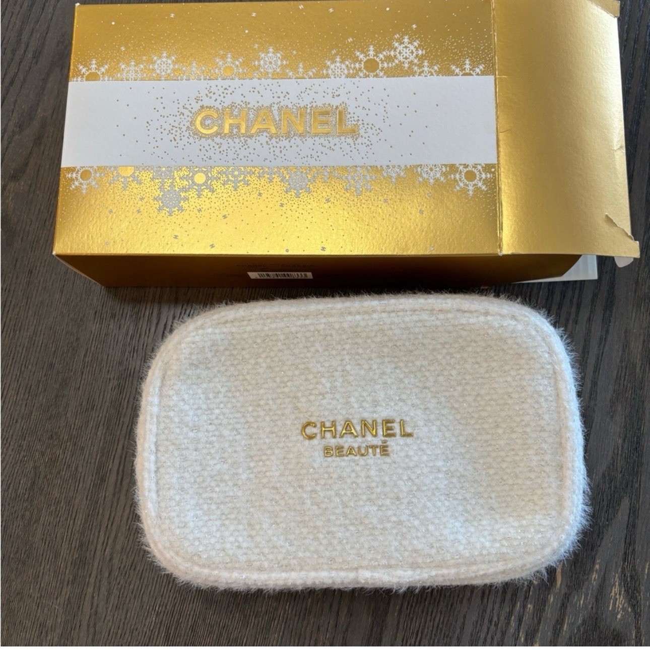 CHANEL BEAUTE Makeup Bag Zipper Closure White Gold Fabric Pouch