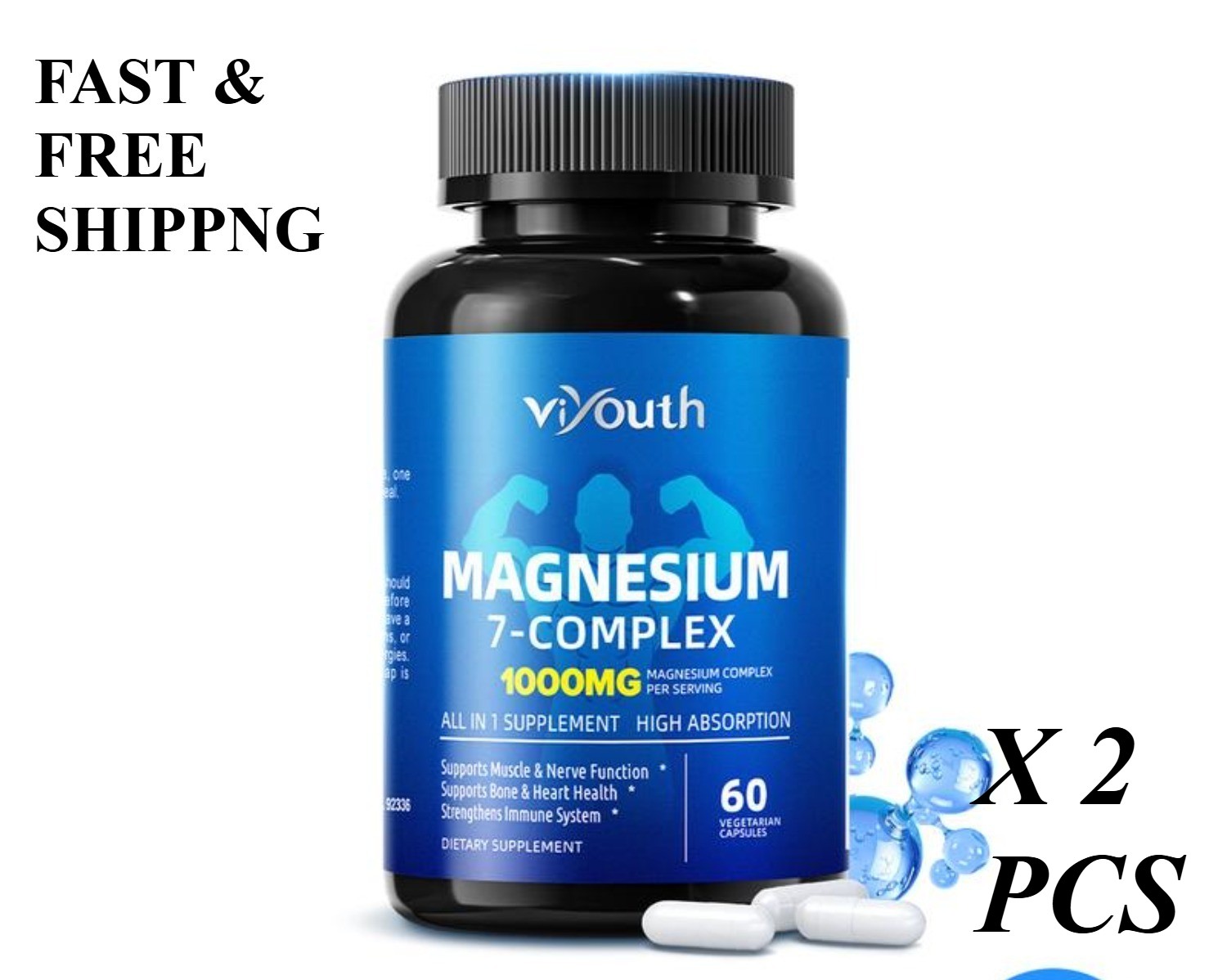 2 BOTTLES—7-in-1 Magnesium Complex 1000mg.Enhanced with Zinc, Non-GMO, 60 Caps