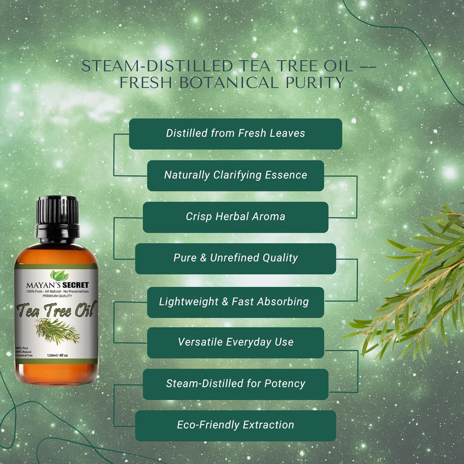 Pure Organic Tea Tree Essential Oil For Skin, Hair, Face 4 fl oz Glass Bottle
