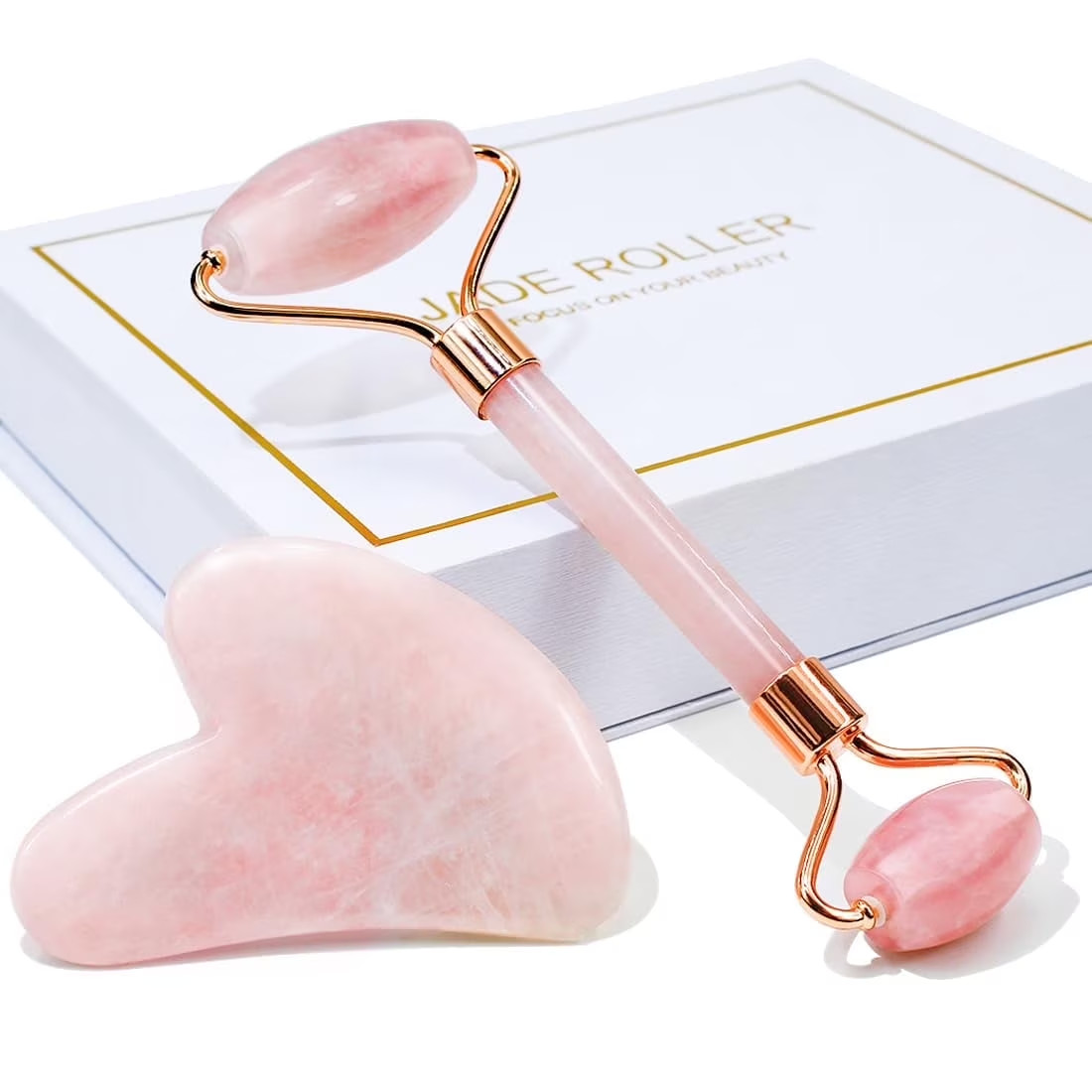 Jade Roller & Gua Sha Set, Natural Facial Skin Care Face Massage Tool, Pink