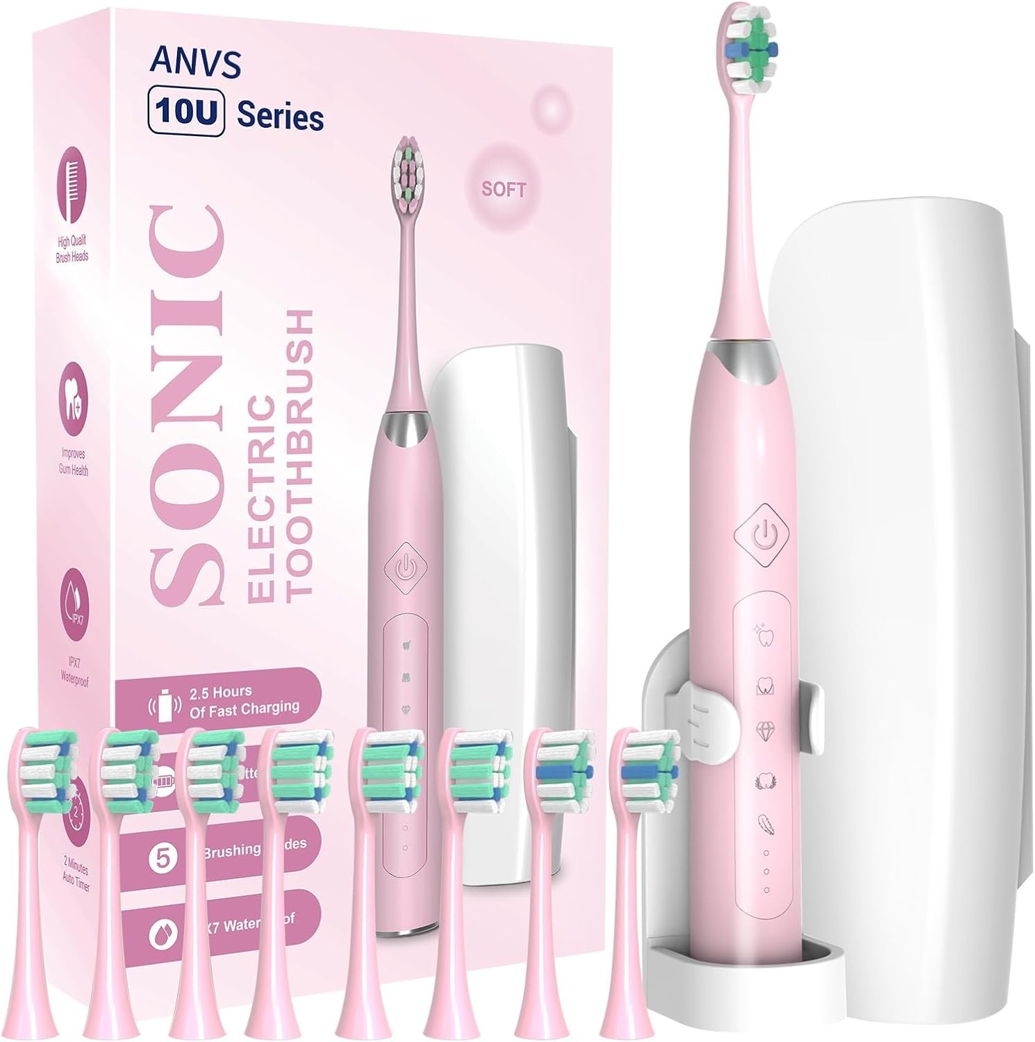 ANVS Sonic Electric Toothbrush Rechargeable 8 Heads Travel Case 90 Days