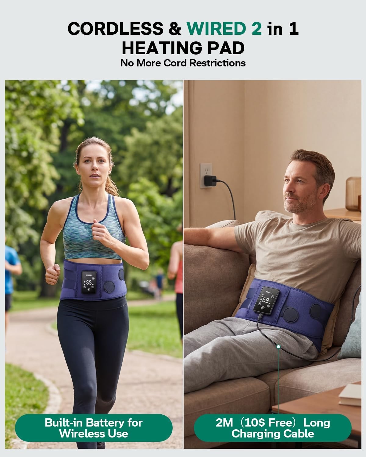 Rechargeable Cordless Heating Pad & Massager for Back Pain Relief, 2-in-1 Wearab