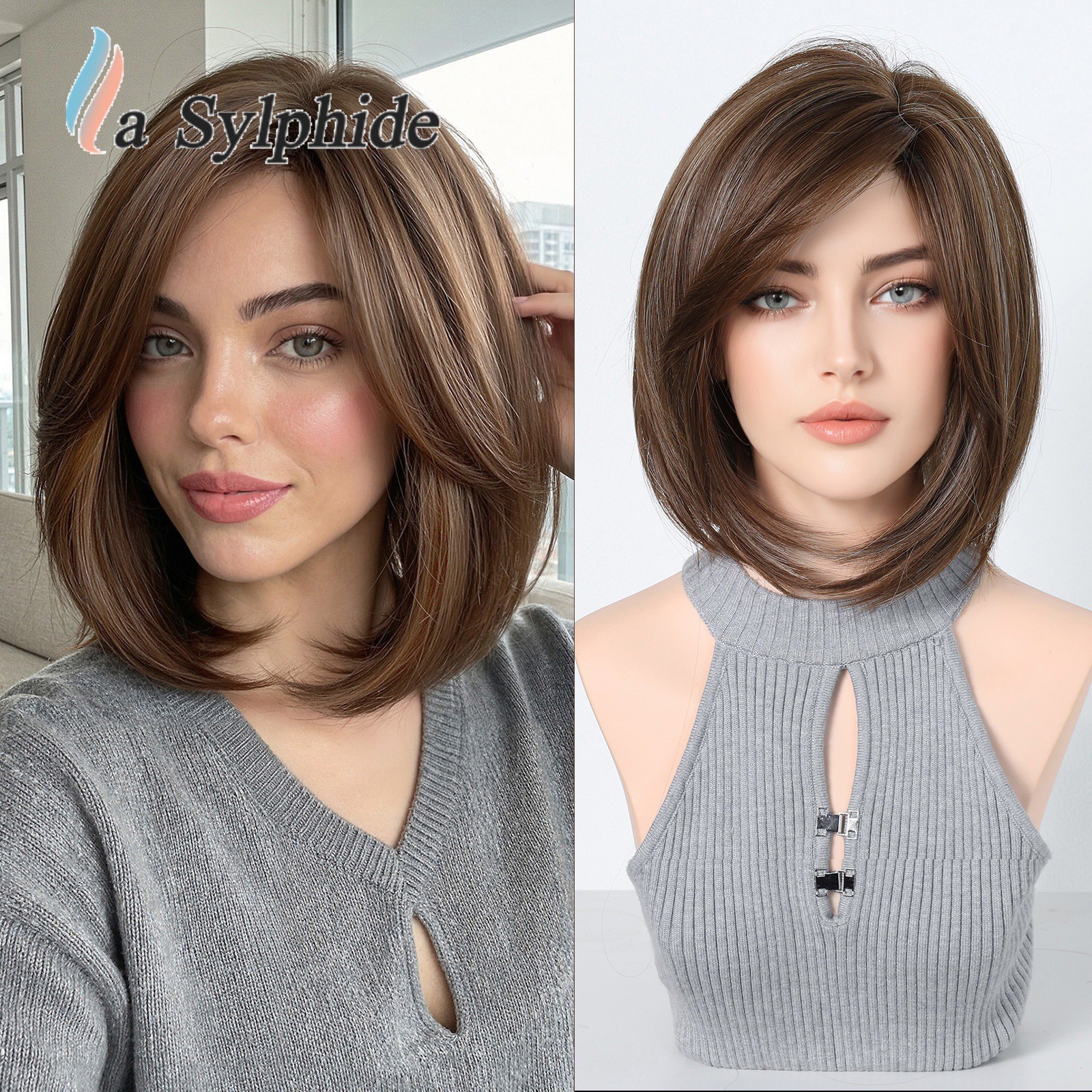 Brown Highlight Clavicle BOB Short Straight Wig Side Bang Rose Net Breathable