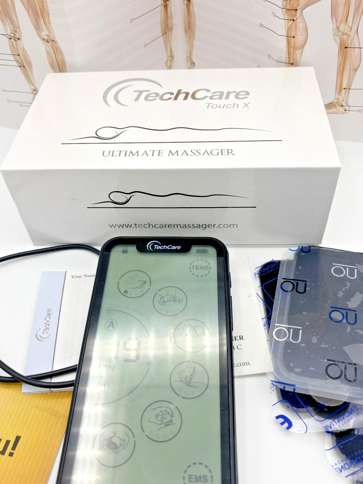 TechCare Touch X TENS EMS Unit Pain Relief Muscle Stimulator W/Pads Case charger